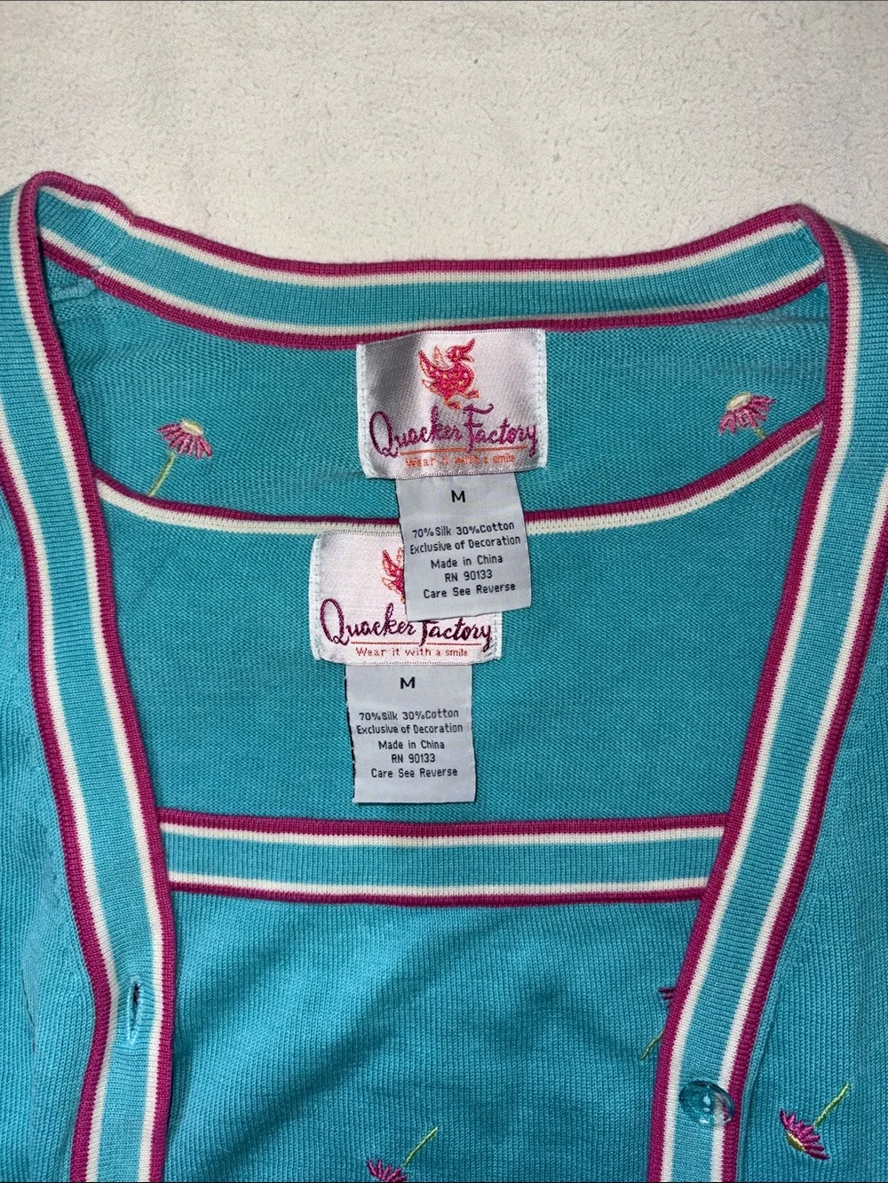 Vintage Quacker Factory Teal Floral Knit Sweater Vest Cardigan Set M